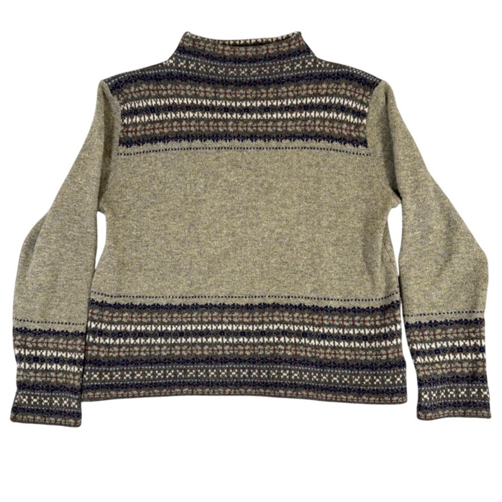 Vtg. Jones New York Fair Isle Mock Neck Sweater Olive Green Brown Knit PL